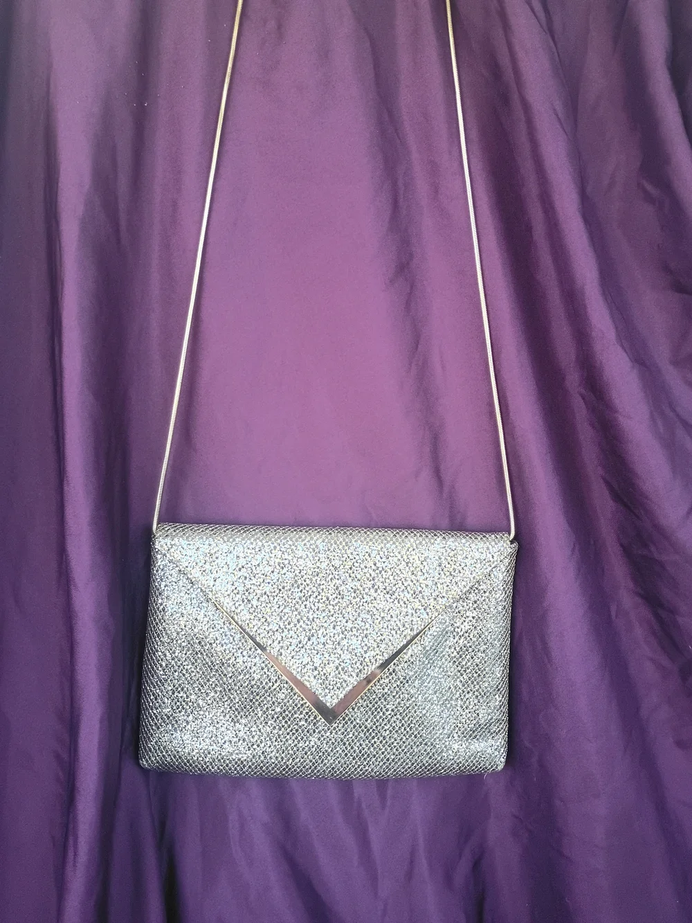 Gianni Bini Silver Glitter Envelope Clutch with Gold V Detail